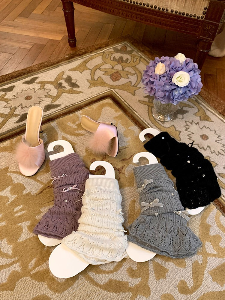 Pointelle Knit Bow & Rhinestone Accent Leg Warmers