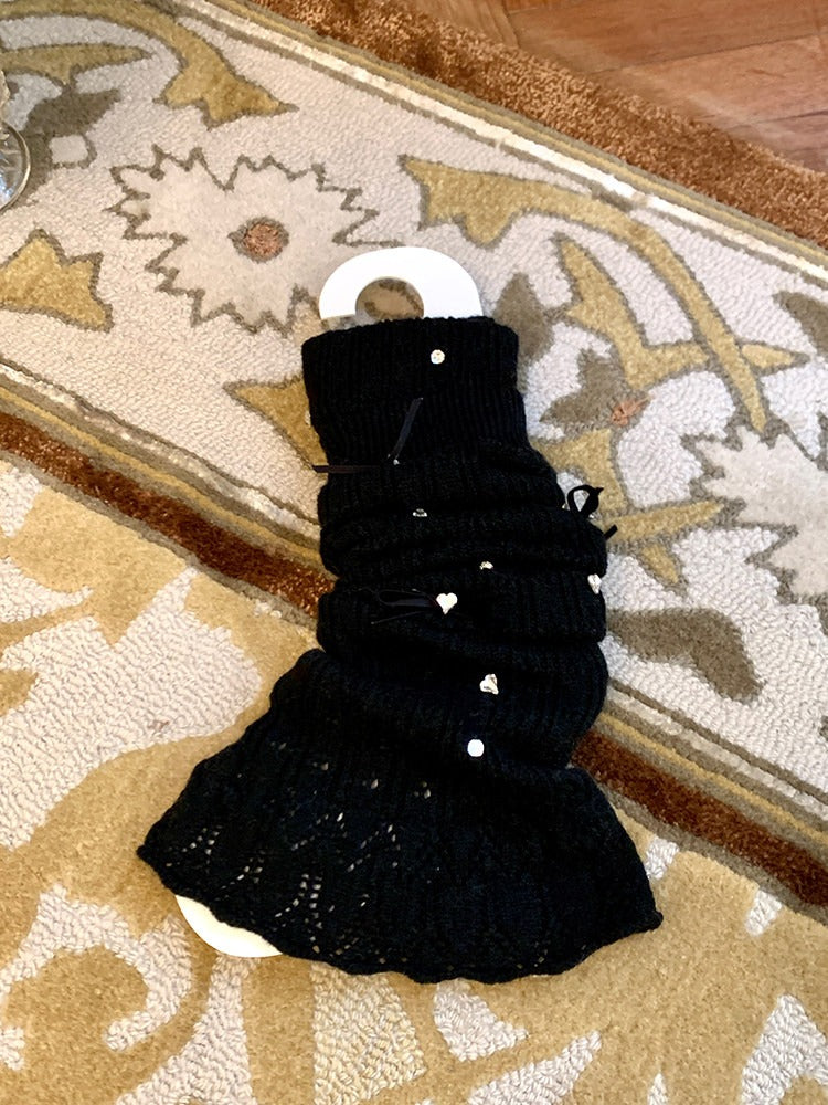 Pointelle Knit Bow & Rhinestone Accent Leg Warmers