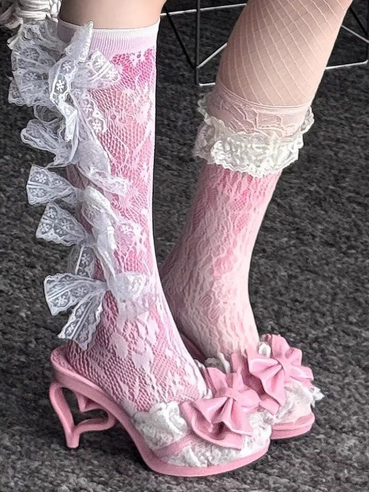 Pink heart-shaped heel gyaru shoes with bowknot and lace