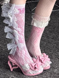 Pink heart-shaped heel gyaru shoes with bowknot and lace