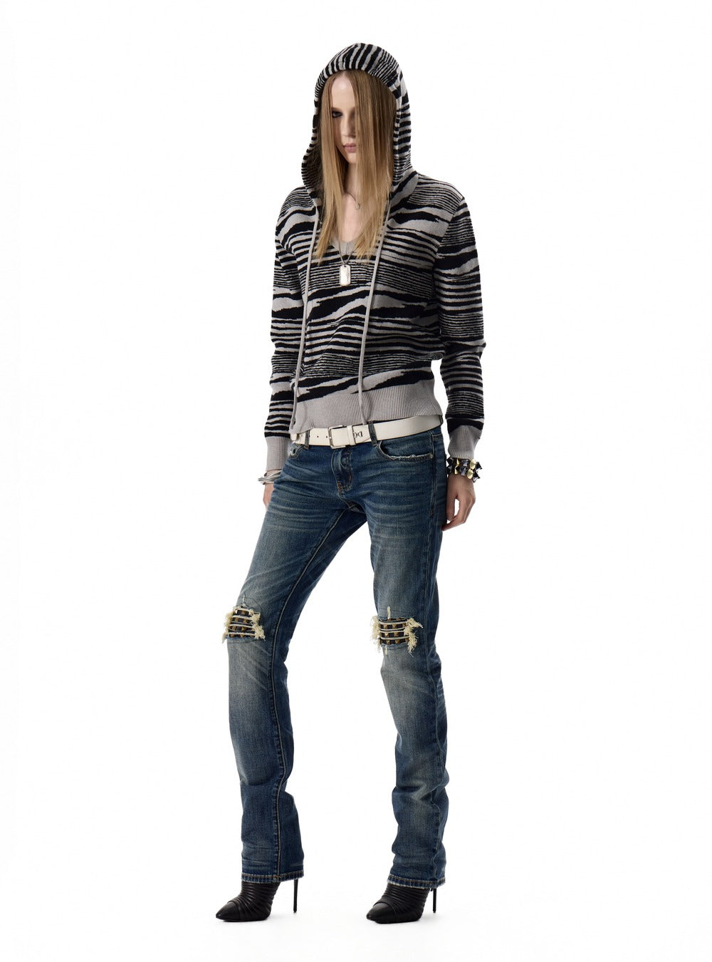Zebra hooded knit sweater styled