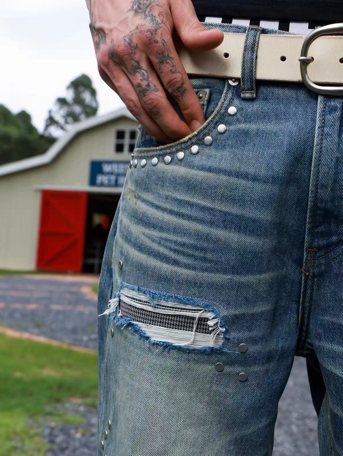 Houndstooth 646 Flare Jeans — Distressed Patches, 3D Whiskering & Studs