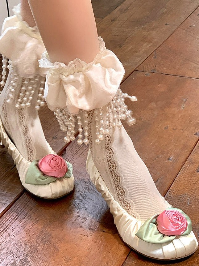 White Pearl Tassel Ankle Socks with Lace Trim