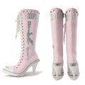 Ooops333 Studded Glitter Canvas Lace-Up Knee-High Boots