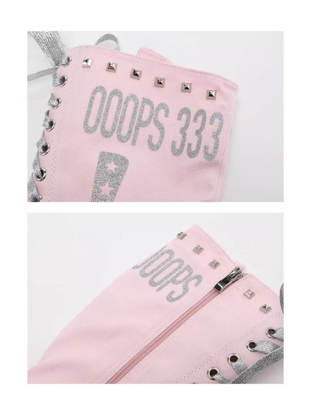 Ooops333 Studded Glitter Canvas Knee-High Lace-Up Boots