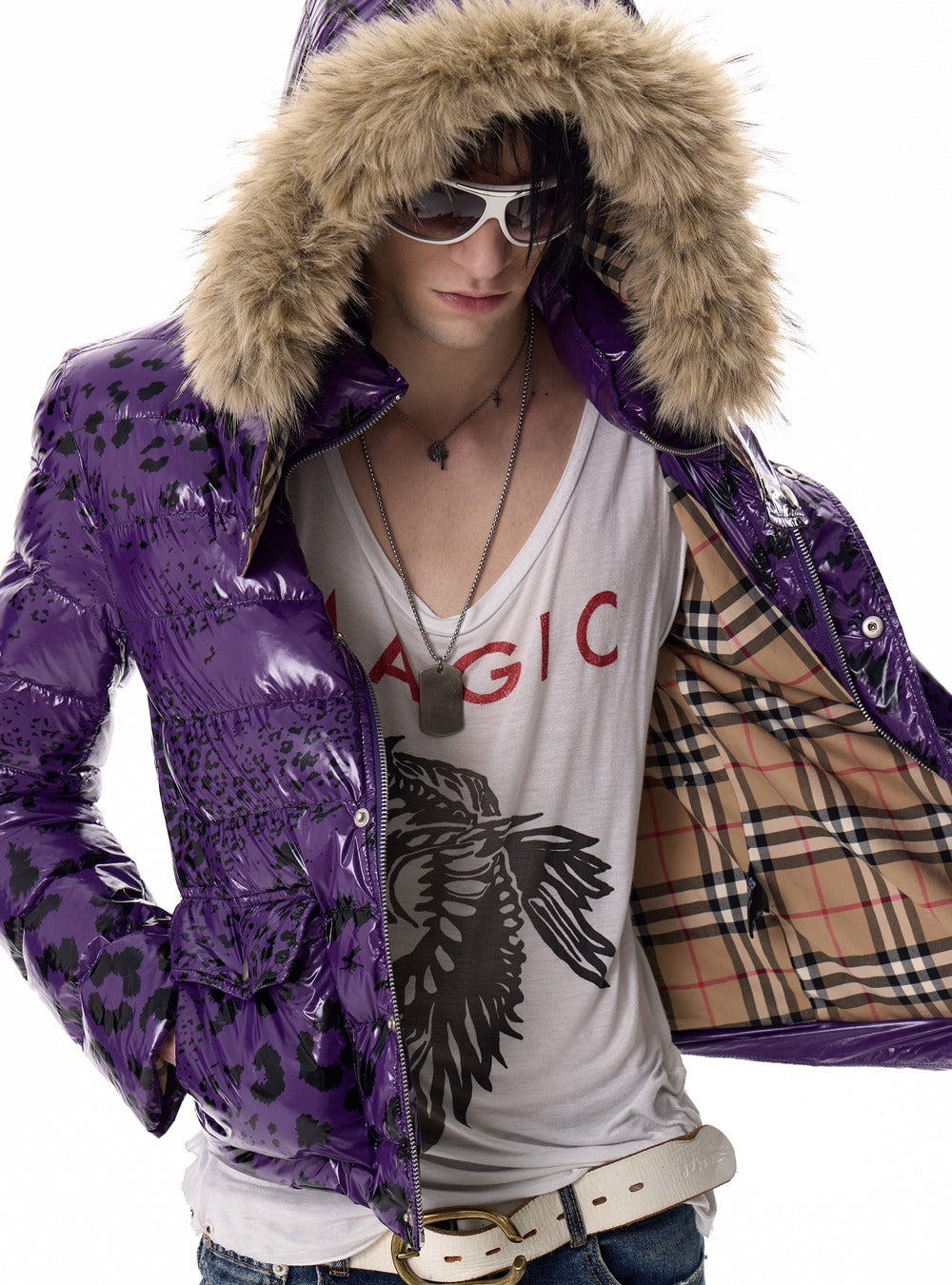 Leopard glossy fitted hooded padded jacket in purple