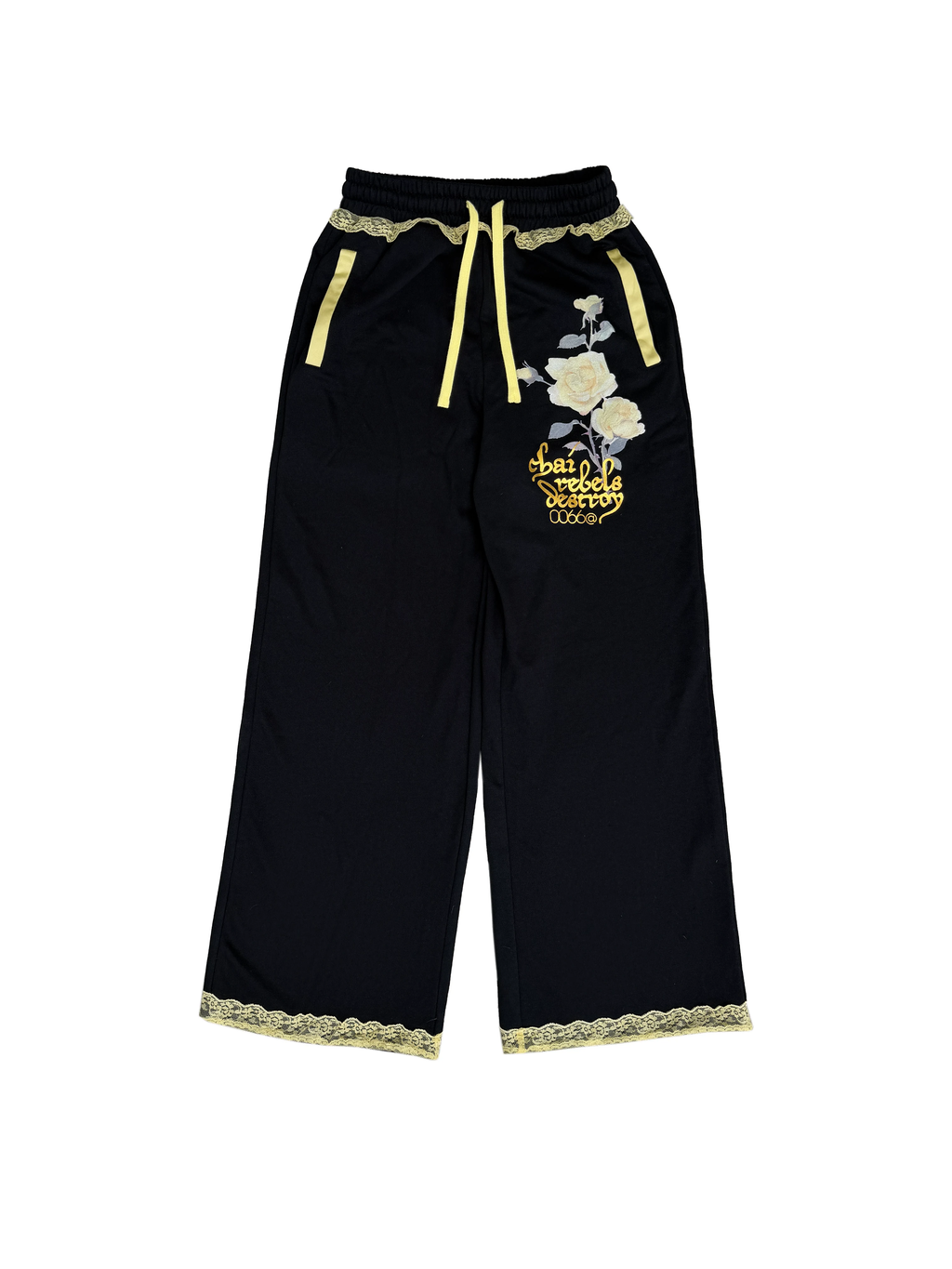 Black Floral Embroidered Sweatpants – "Chai Rebels Destroy" Graphic