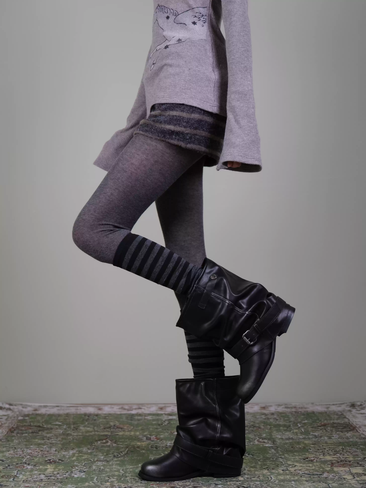 Grey Opaque Tights & Striped Calf Socks Set - Fall Winter Layering Look