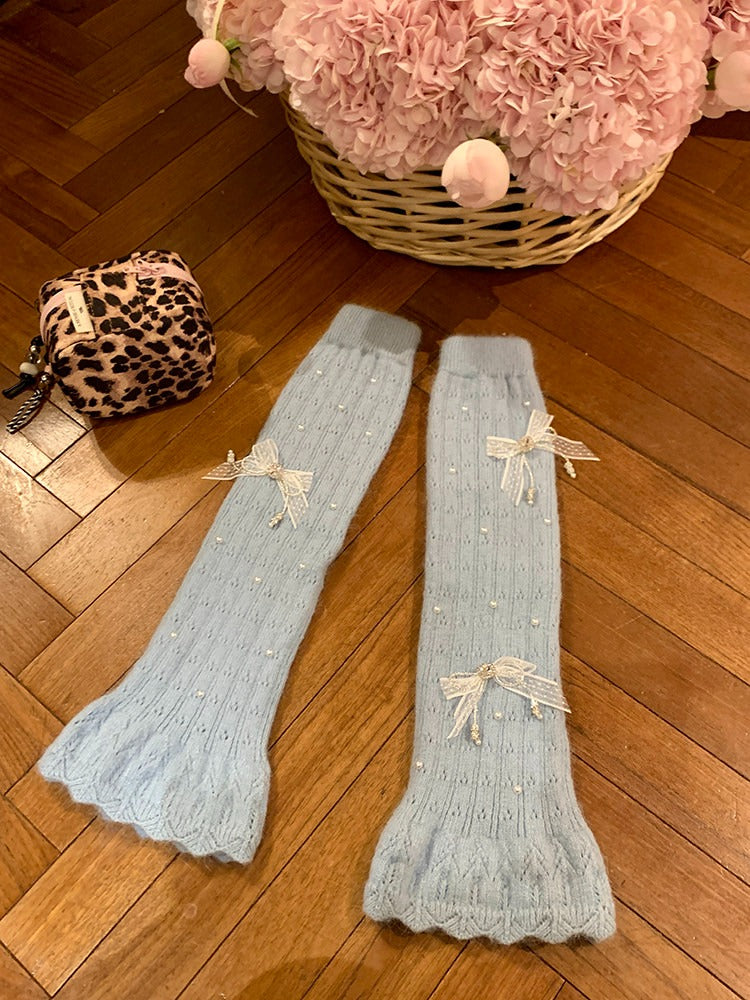 Fuzzy Knit Pearl Bow Leg Warmers