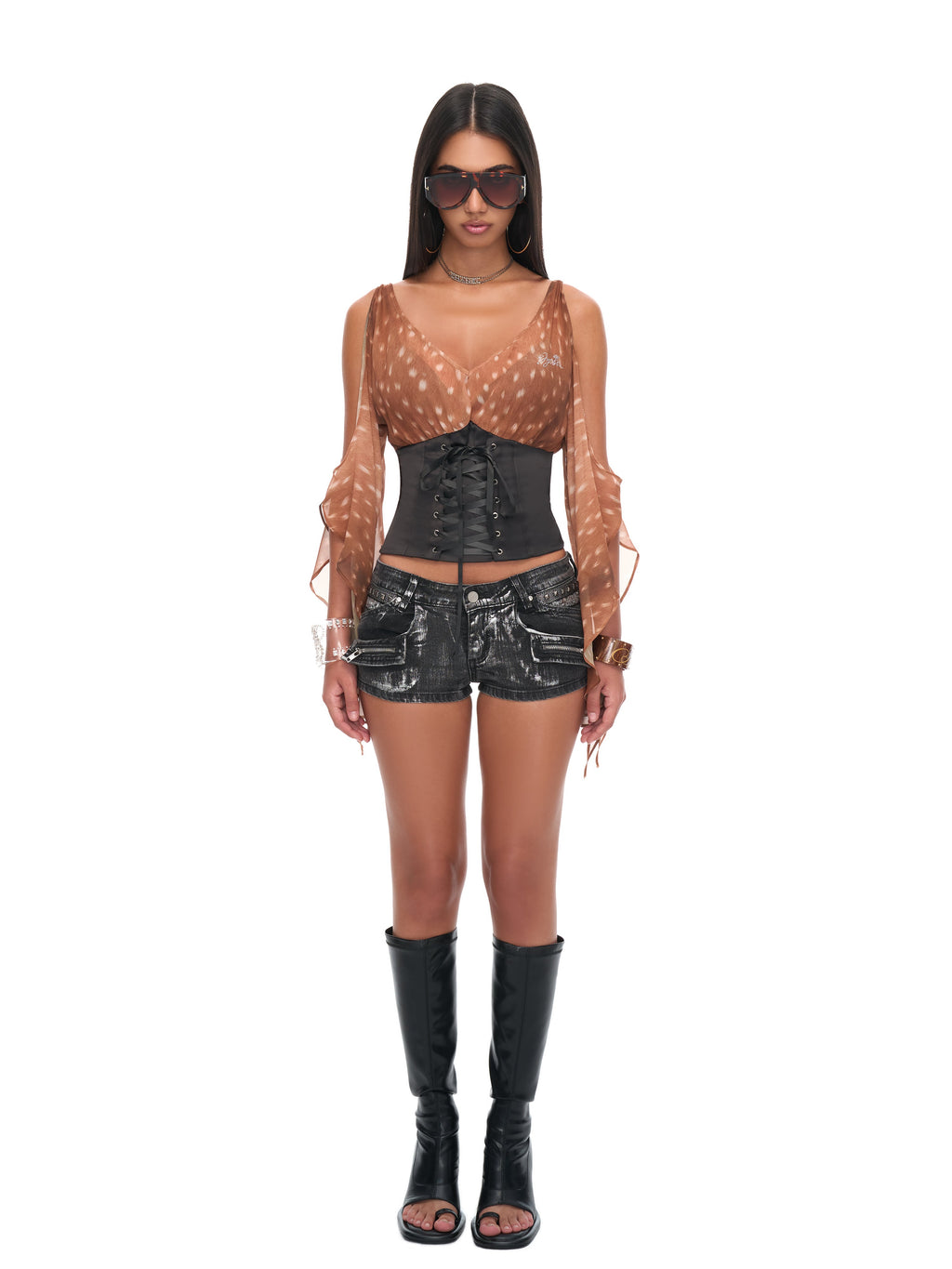 Bambi Fawn Print Off-Shoulder Chiffon Top with Black Satin Corset Waist