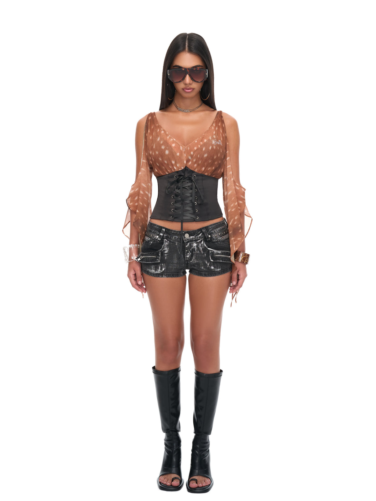 Bambi Fawn Print Off-Shoulder Chiffon Top with Black Satin Corset Waist