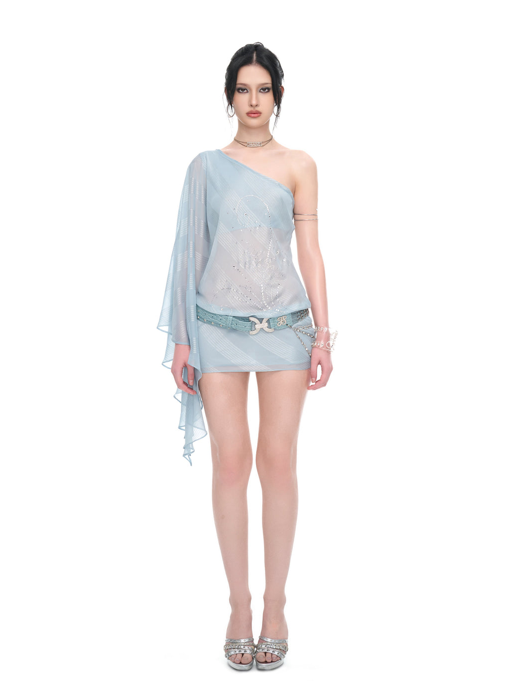 Ice Blue One-Shoulder Rhinestone Silver-Thread Chiffon Dress
