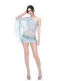 Ice blue one-shoulder rhinestone silver-thread chiffon dress