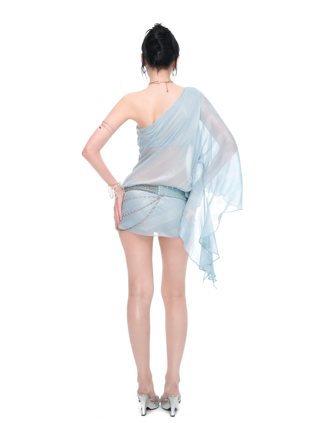Ice Blue One-Shoulder Rhinestone Silver-Thread Chiffon Dress