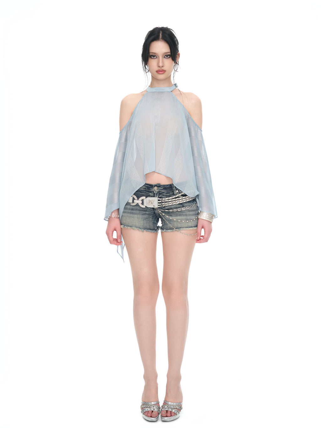Ice Blue Off-Shoulder Silver-Thread Chiffon Blouse with Chain Detail and Ruffled Sleeves