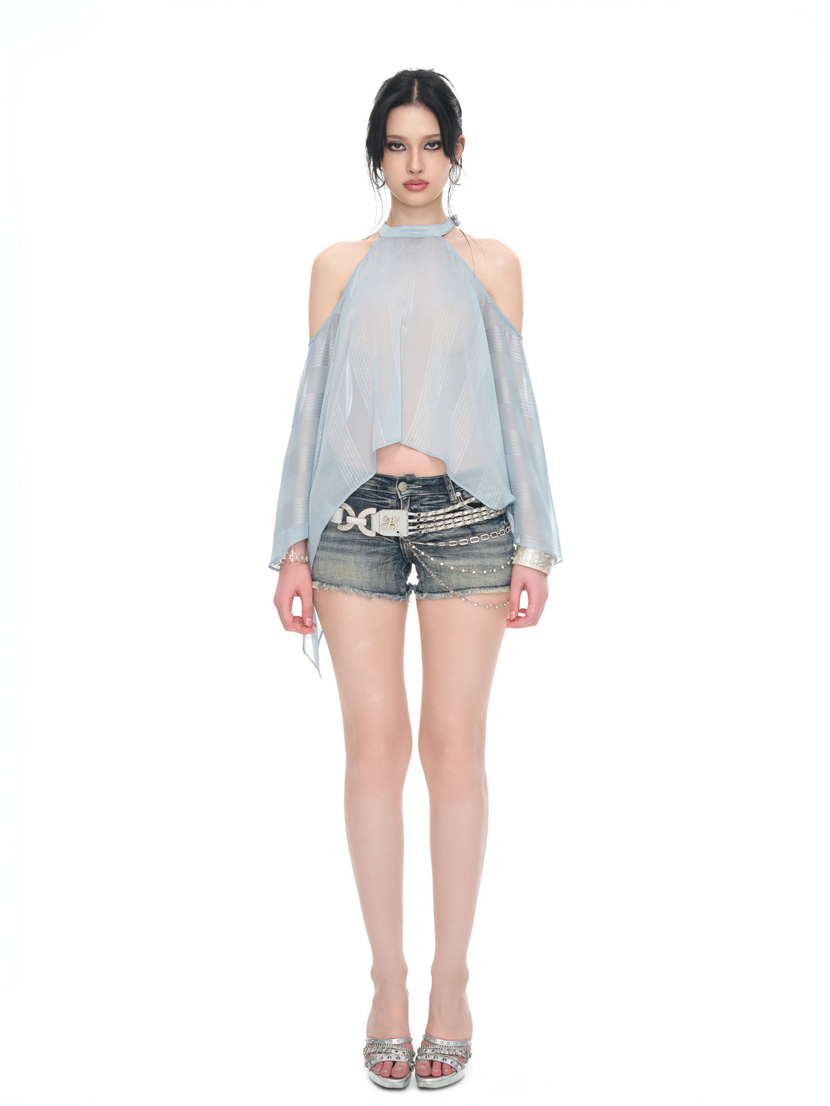 Ice Blue Off-Shoulder Silver-Thread Chiffon Blouse with Chain Detail and Ruffled Sleeves