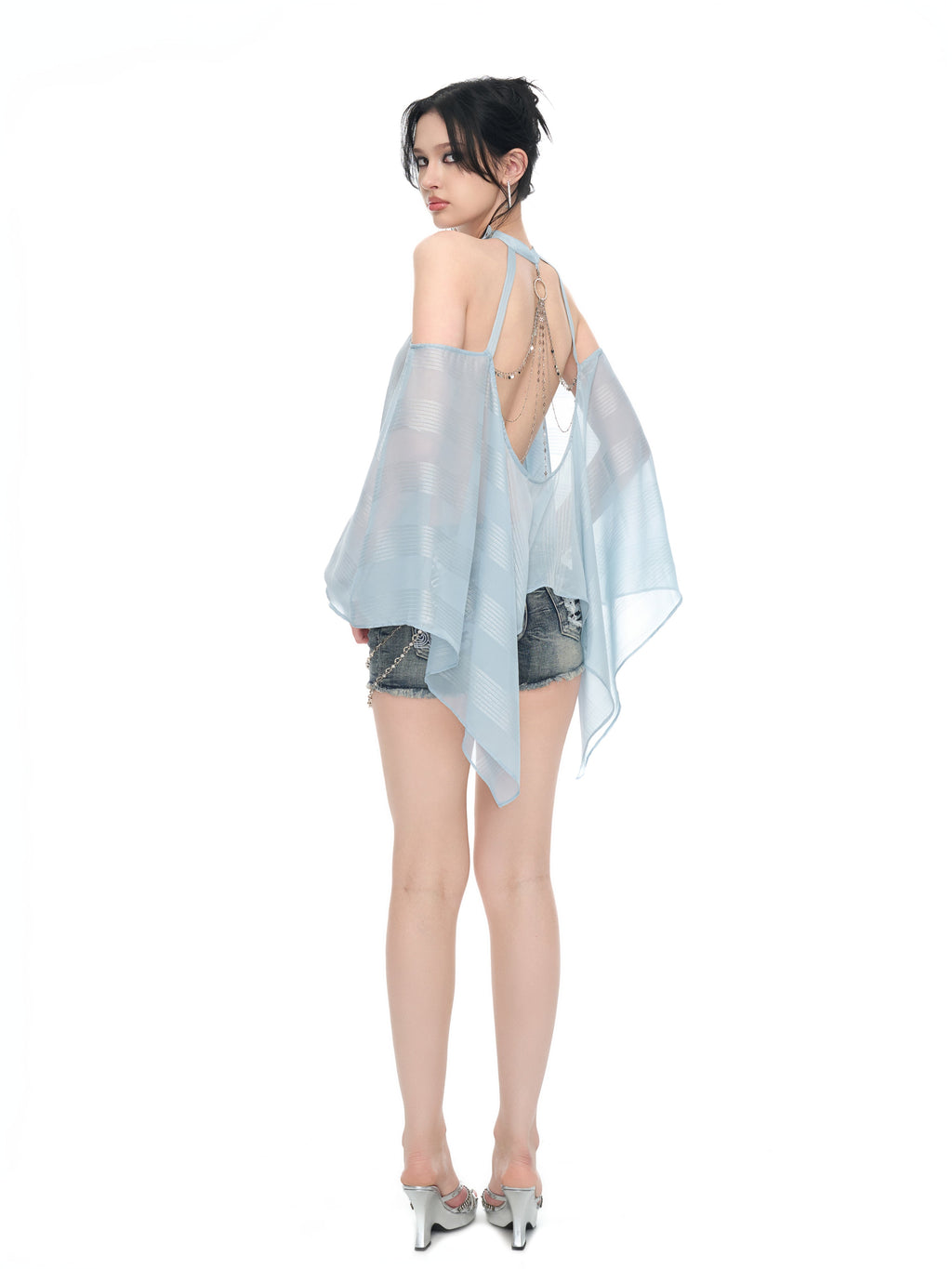 Ice Blue Off-Shoulder Silver-Thread Chiffon Blouse with Chain Detail and Ruffled Sleeves