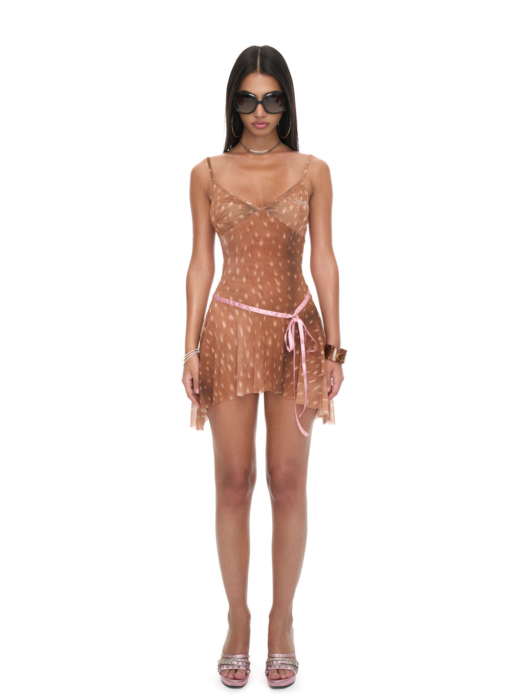 Bambi Fawn Print Mesh V-Neck Camisole Mini Dress with Pink Ribbon and Asymmetric Hem
