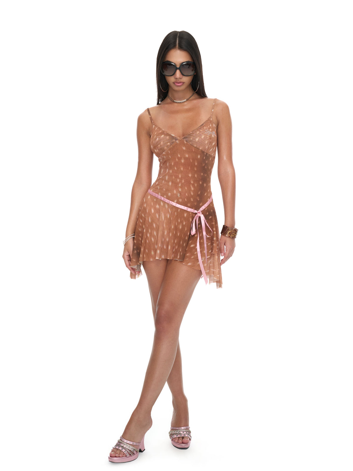 Bambi Fawn Print Mesh V-Neck Camisole Mini Dress with Pink Ribbon and Asymmetric Hem