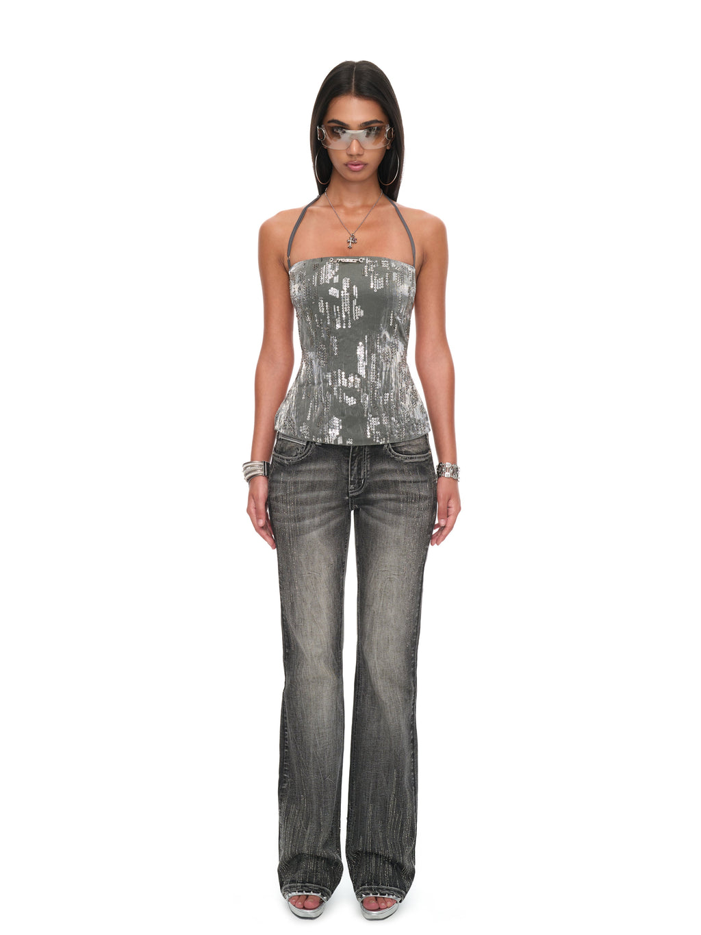 Roxy Metallic Crystal Halter Backless Top with Adjustable Glitter Elastic Straps