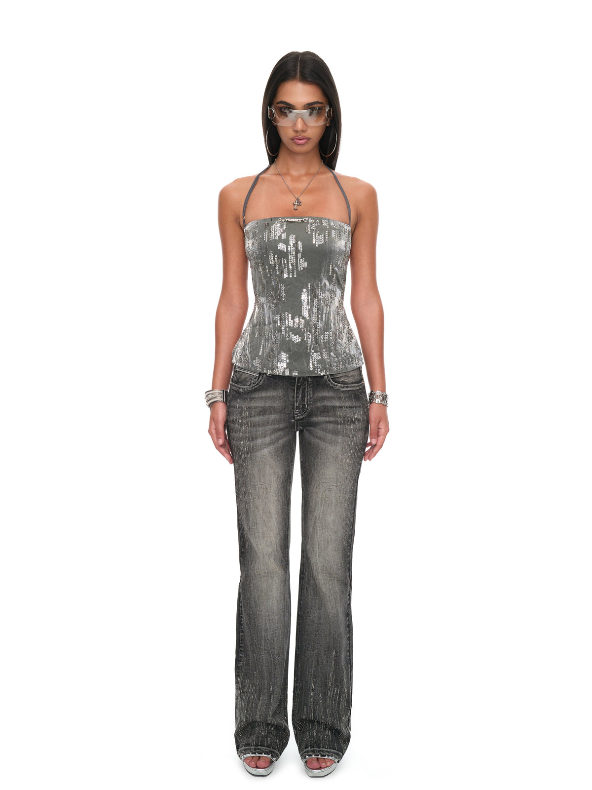 Roxy Metallic Crystal Halter Backless Top with Adjustable Glitter Elastic Straps