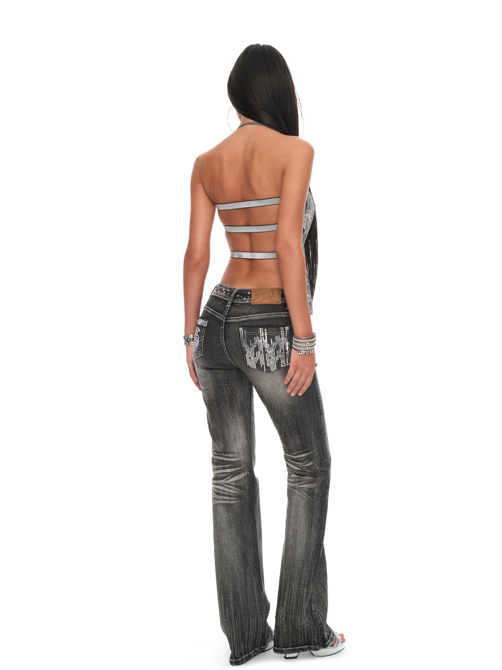 Roxy Metallic Crystal Halter Backless Top with Adjustable Glitter Elastic Straps