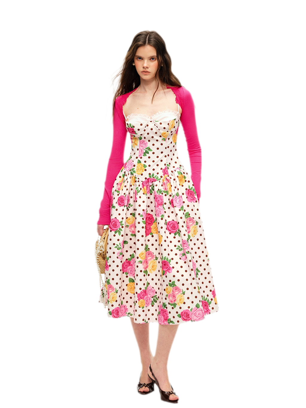 Retro polka dot rose Lyocell midi dress with bustier bodice