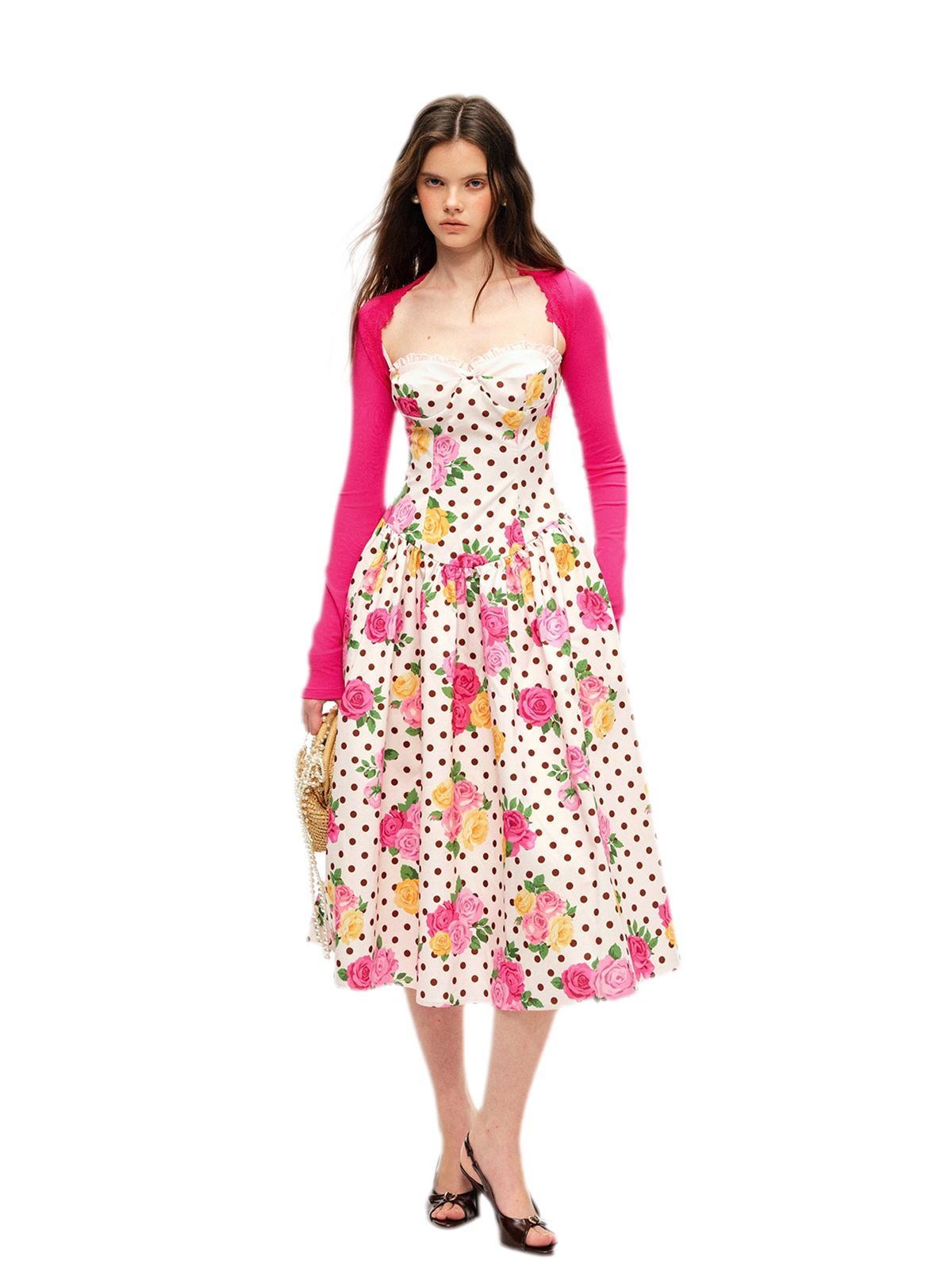 Retro polka dot rose Lyocell midi dress with bustier bodice