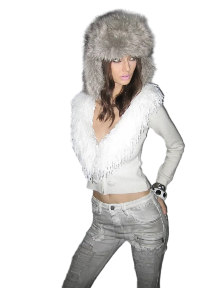 NOLA Wool Blend Cropped V-Neck Zip Jacket – Shearling Collar Knit