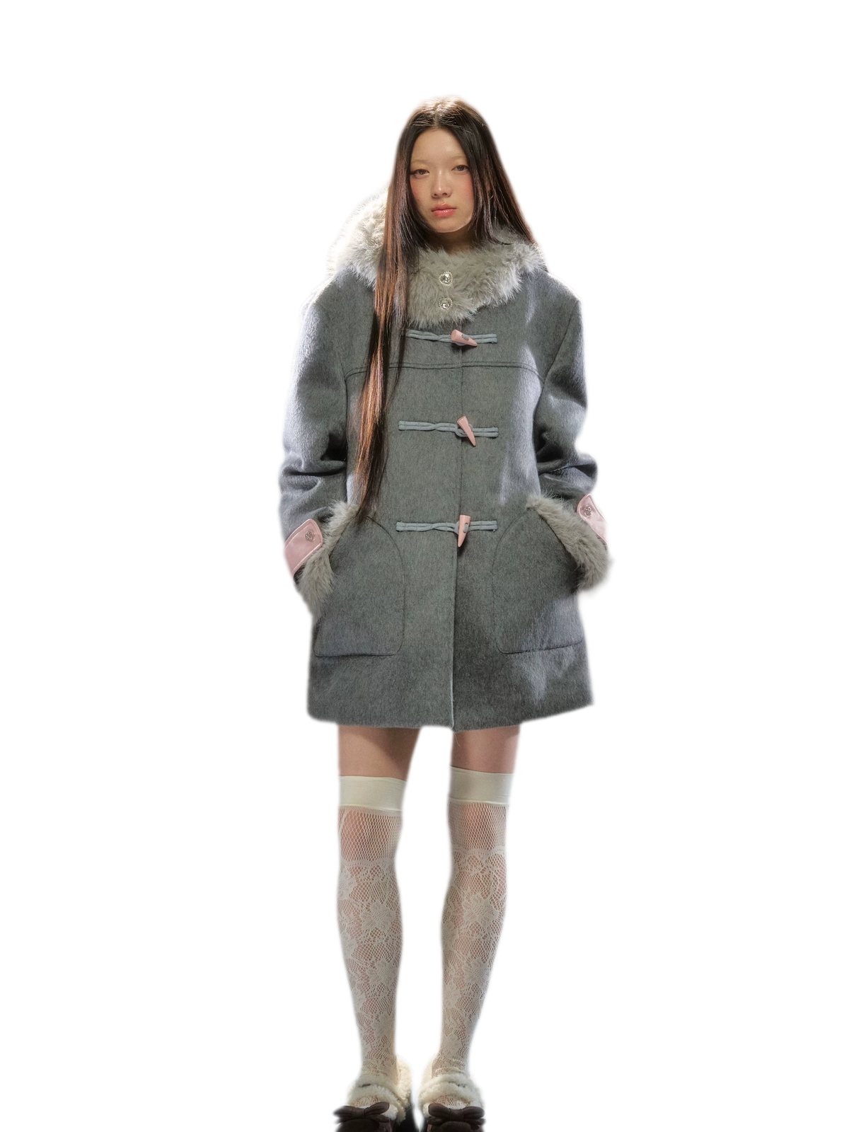 Wool Blend Hooded Duffle Coat with Plush Trim in Pink & Gray