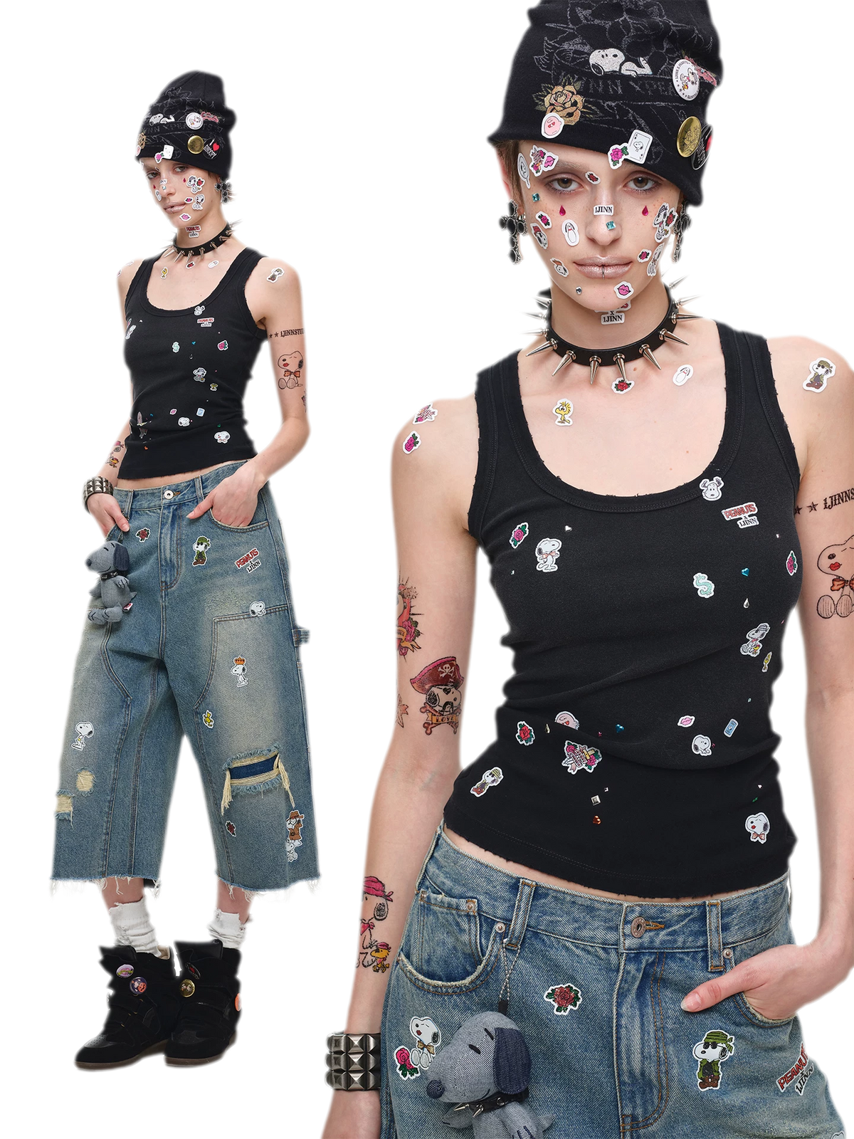 Washed Ribbed Scoop-Neck Rhinestone Tank Top