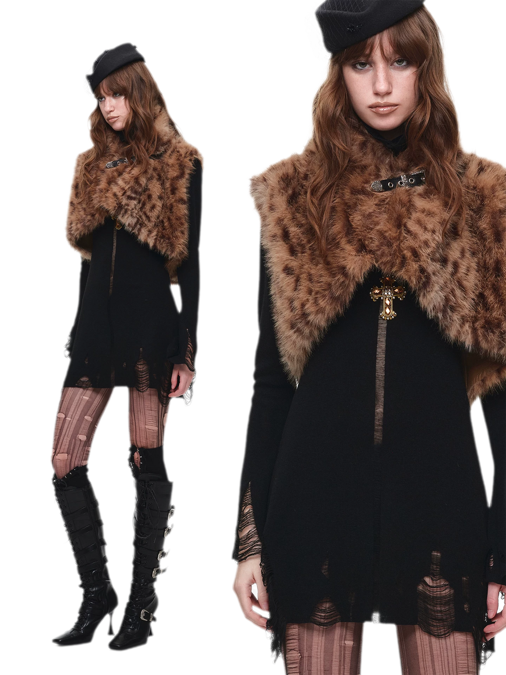 Black Distressed High-Neck Bodycon Knit Dress
