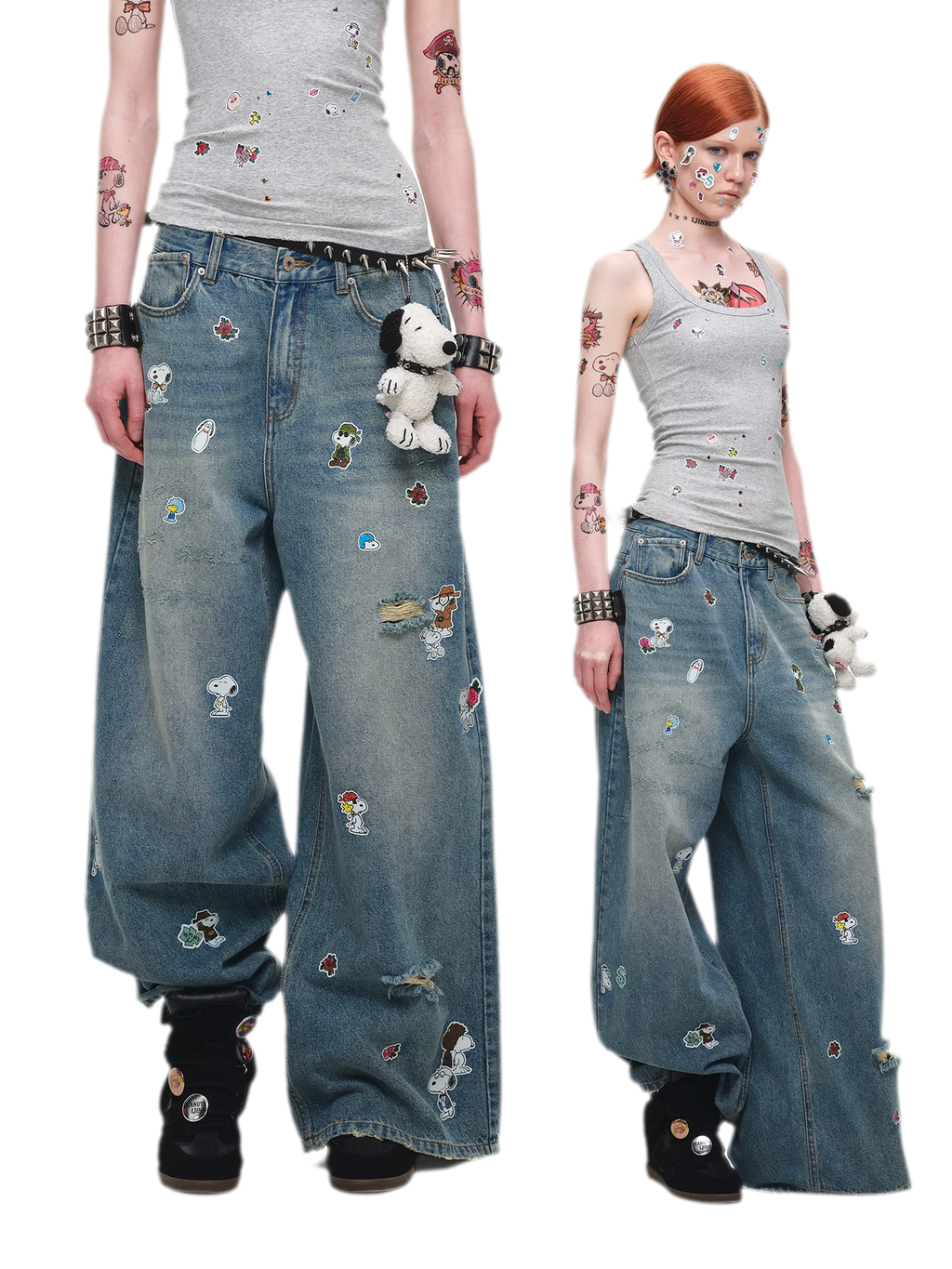 Washed Distressed Wide-Leg Patch Jeans