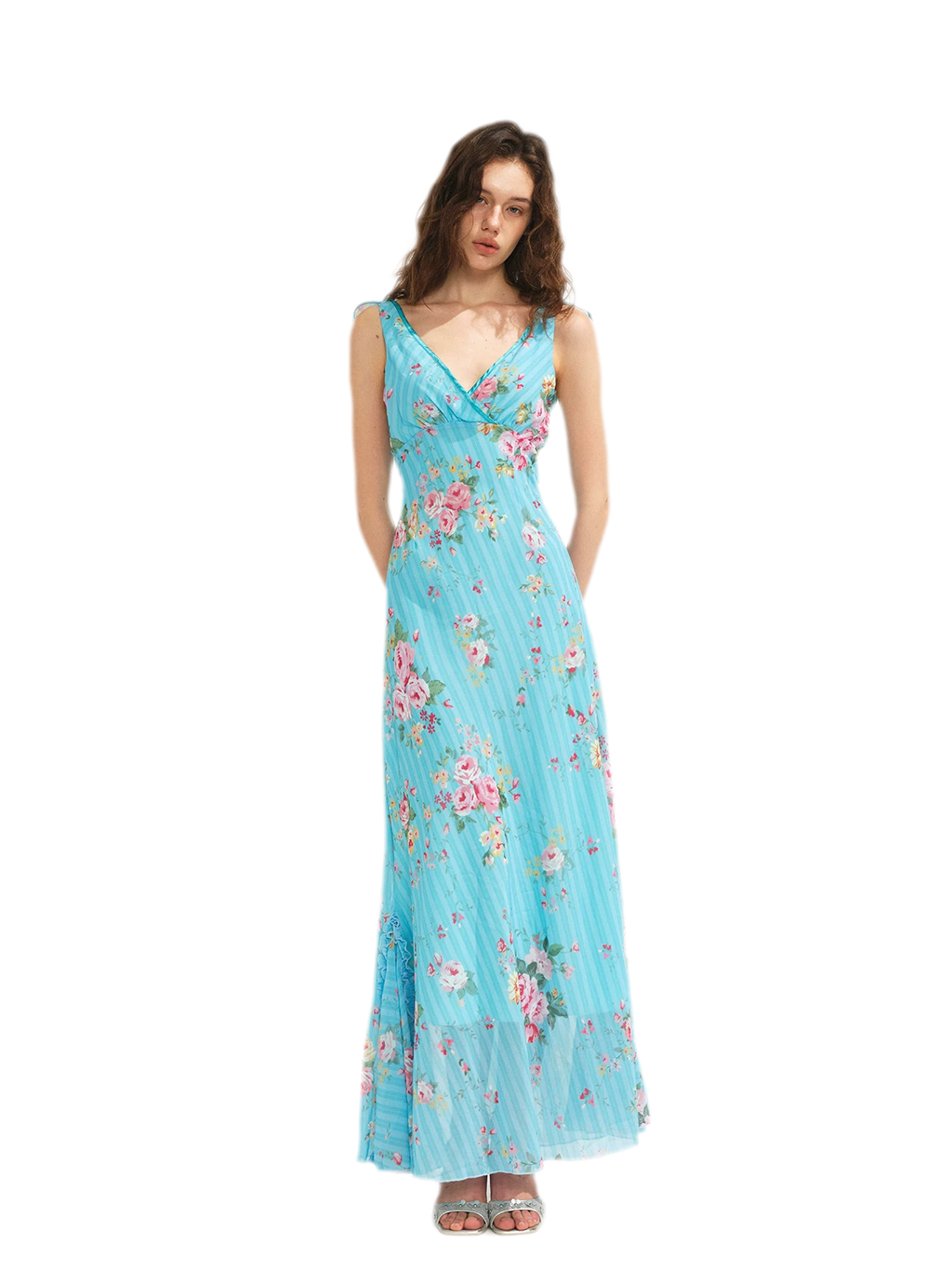 Glacier Rose Floral Chiffon Lace Trim Mermaid Dress