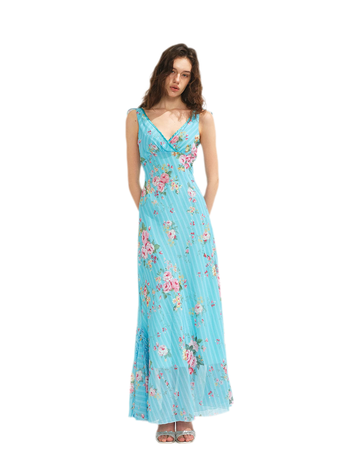 Glacier Rose Floral Chiffon Lace Trim Mermaid Dress