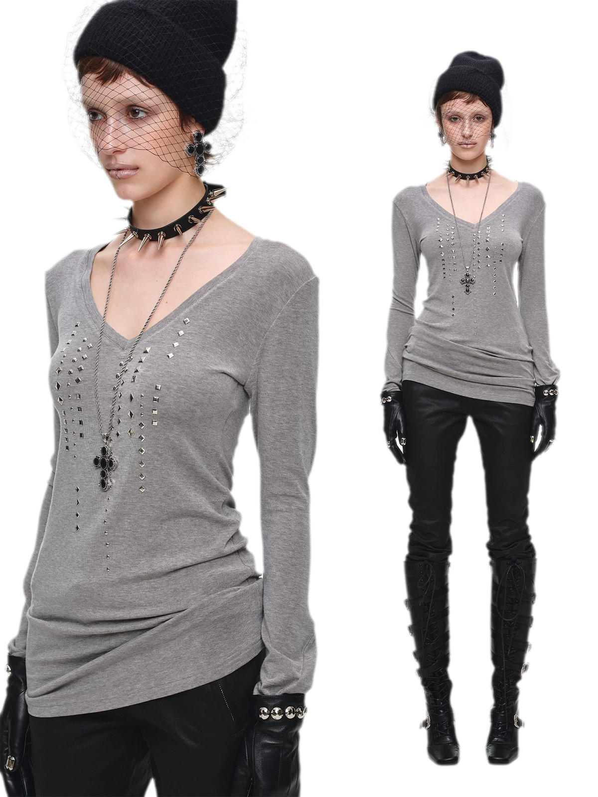 Rhinestone Rivet Fitted V-Neck Knit Top