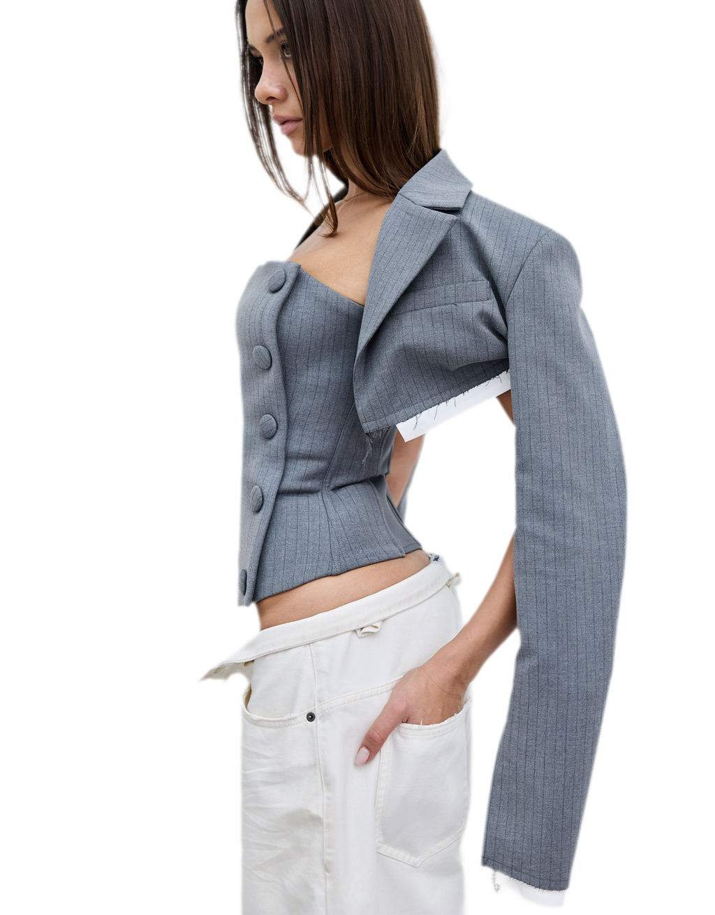 Deconstructive Cropped Suit Set – Pinstripe Cropped Blazer & Strapless Bustier Two-Piece