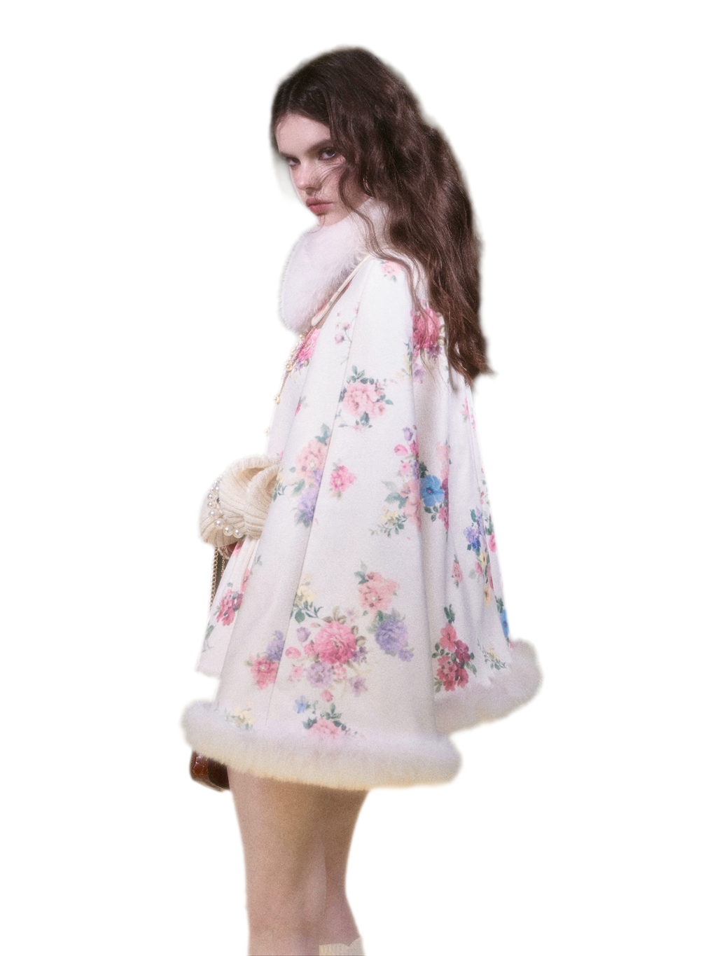Vintage Oil Painting Floral Wool Cape & Skirt Set with Fur Trim