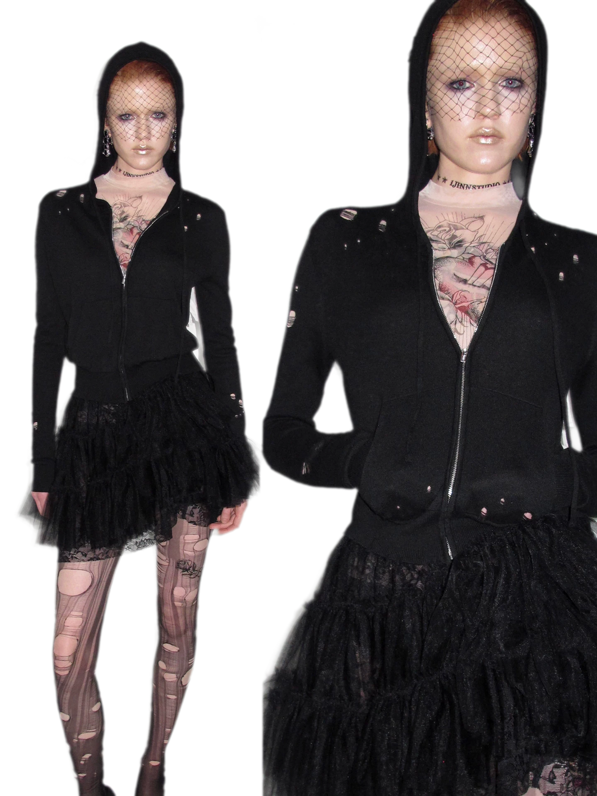 Distressed Hooded Zip Knit Cardigan
