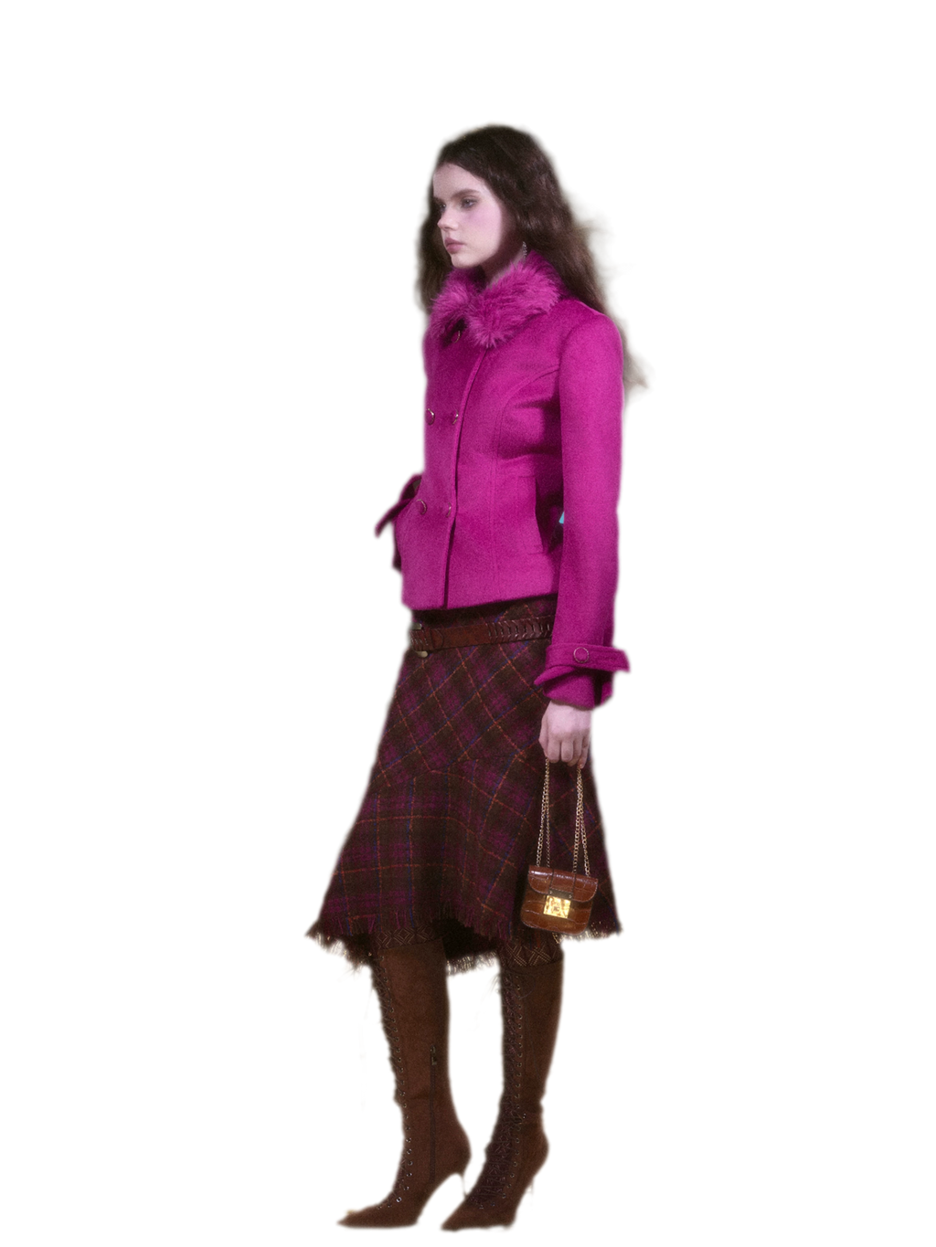 Vintage Burgundy Wool Jacket & Plaid Fishtail Skirt Set with Fur Collar