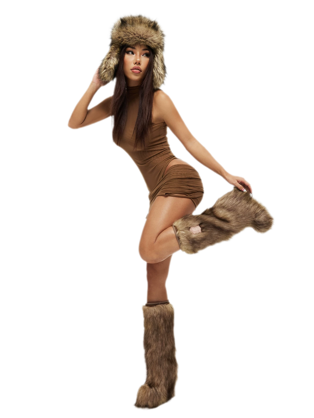 Eco-Fur Tall Wedge Boots – Brown Faux Fur Platform Winter Boots