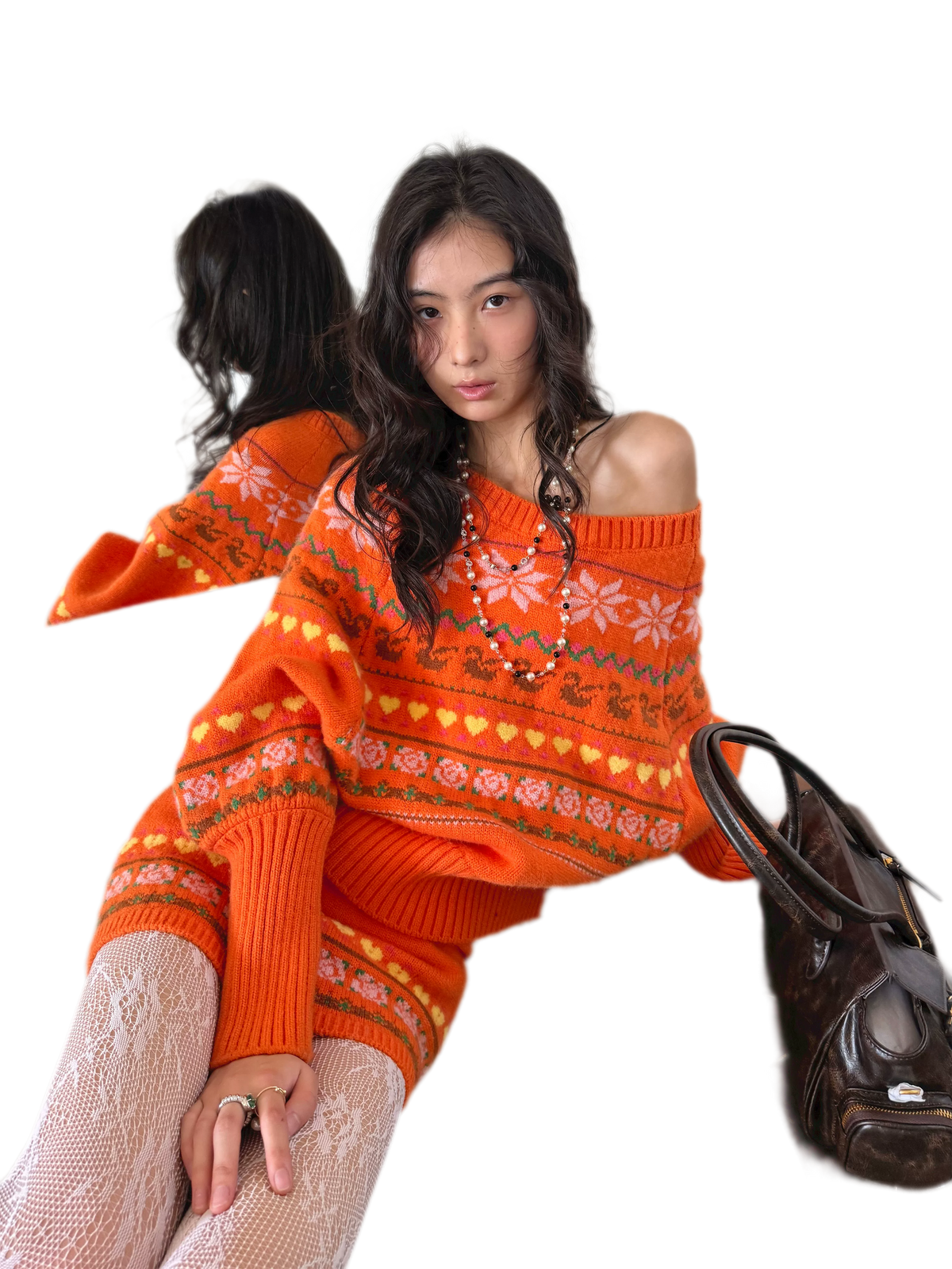 Fair Isle Celestial Jacquard One-Shoulder Knit Top & Skirt Set with Rose Scarf