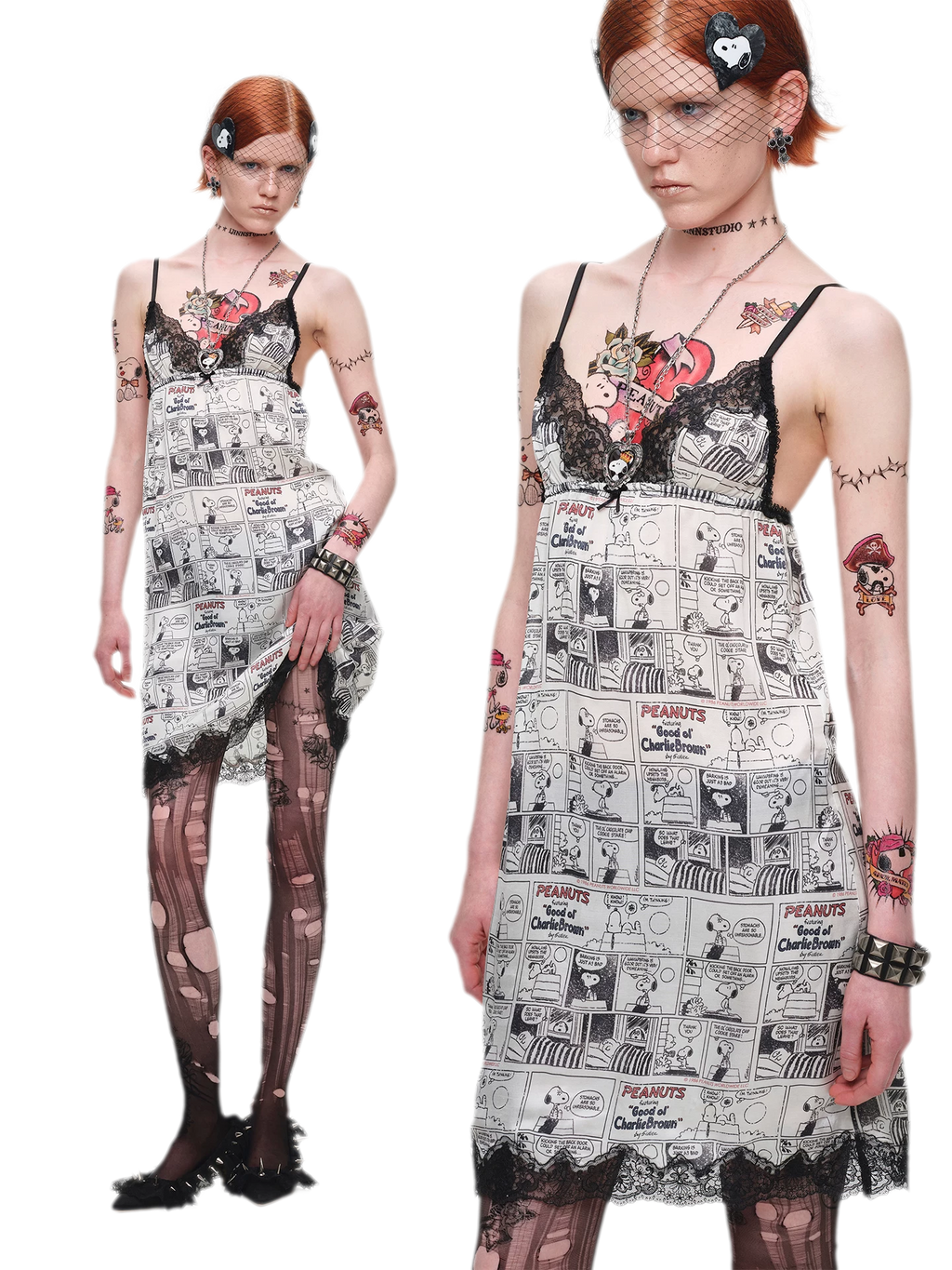 Vintage Newspaper Print Lace Trim Camisole Dress