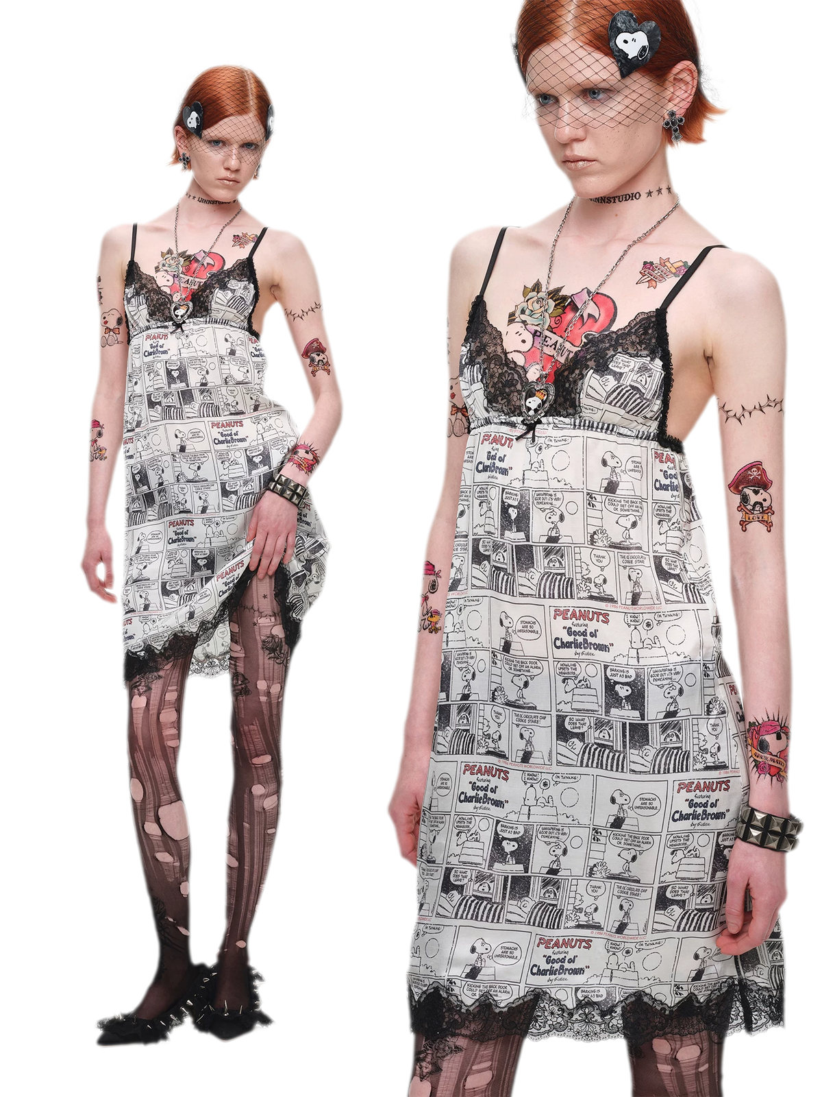 Vintage Newspaper Print Lace Trim Camisole Dress