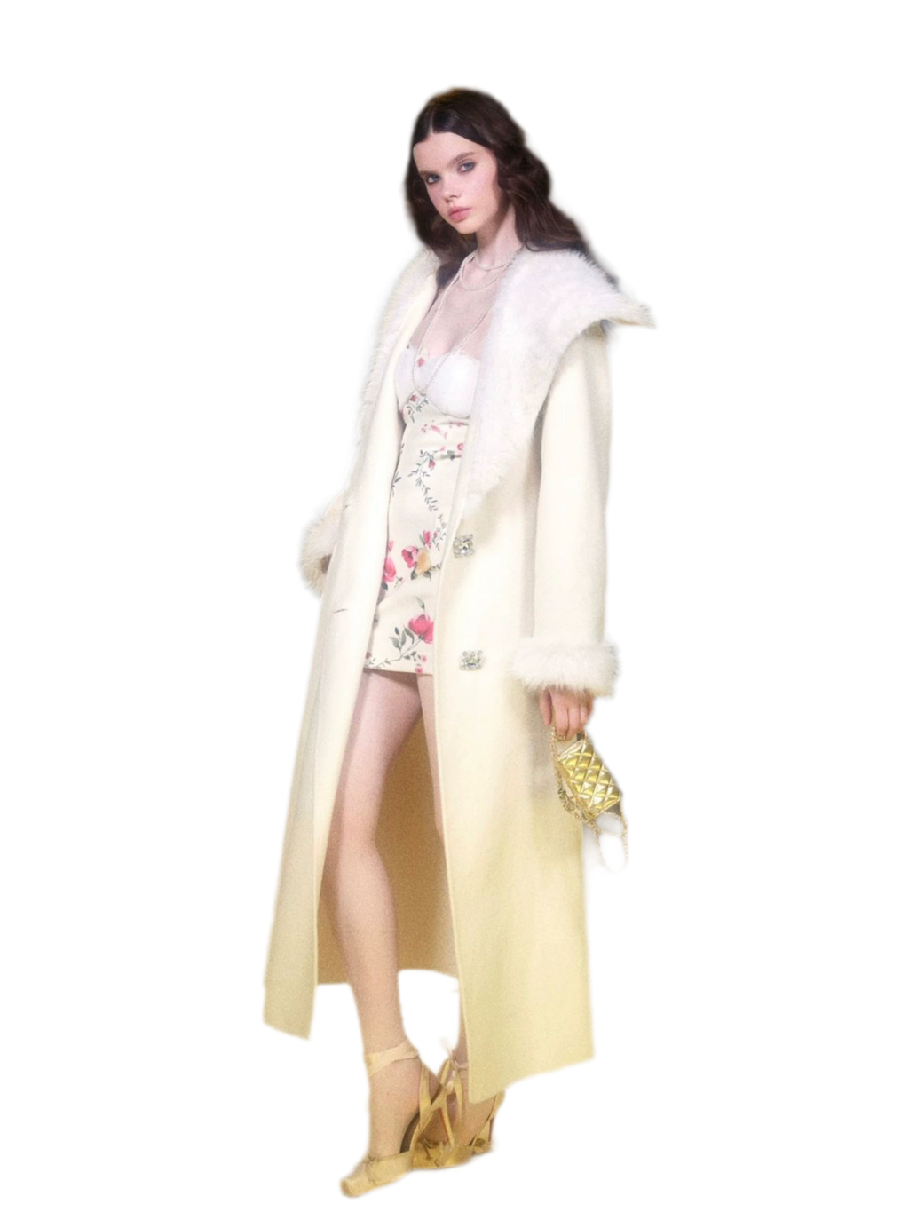 Ivory Double-Faced Wool Long Coat with Fur Trim Shawl Collar