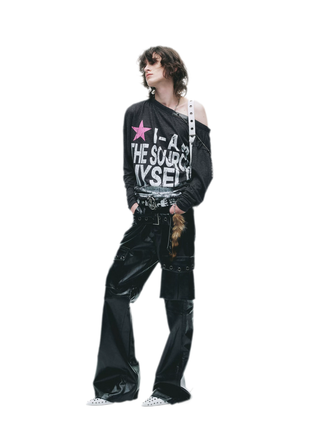 24ANS Distressed One-Shoulder Graphic T-Shirt - front