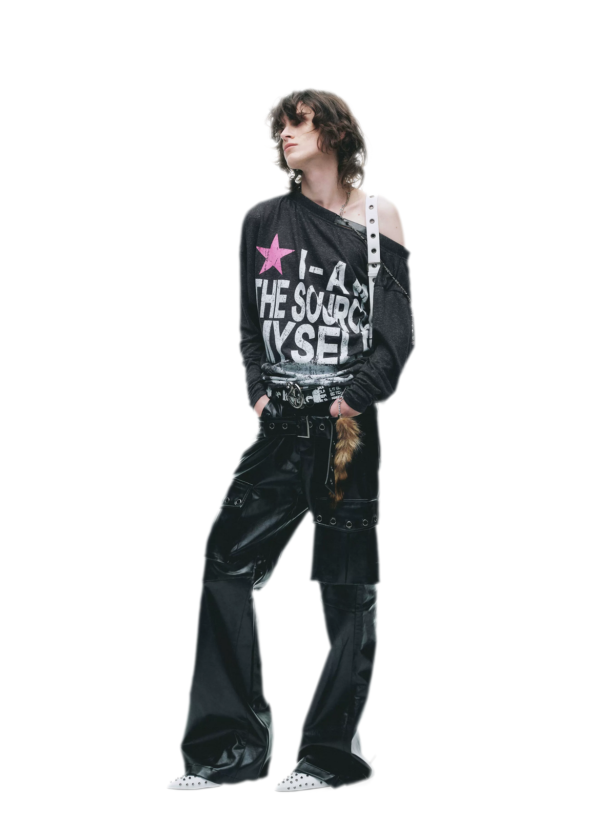24ANS Distressed One-Shoulder Graphic T-Shirt - front