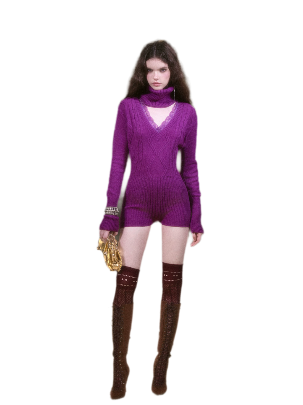 Merino Wool Fitted Bodysuit with Lace Neckline & Neck Warmer