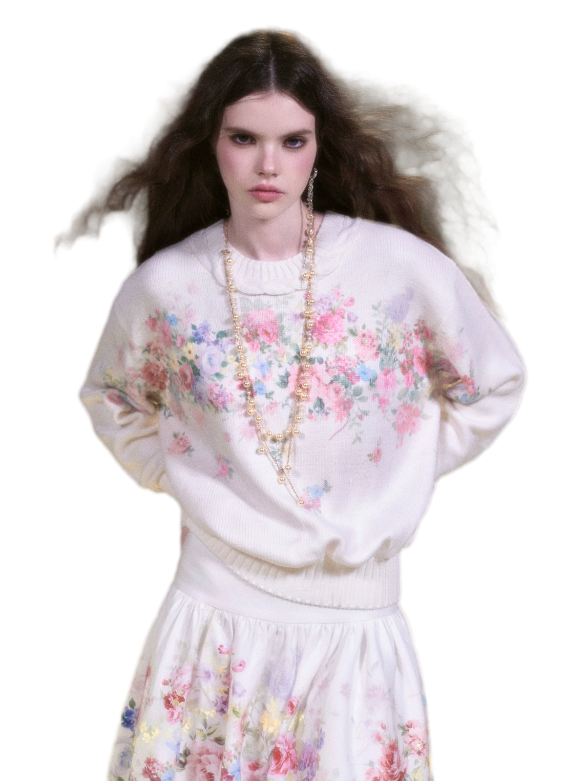 Vintage Floral Print Knit Sweater & Lyocell Skirt Set