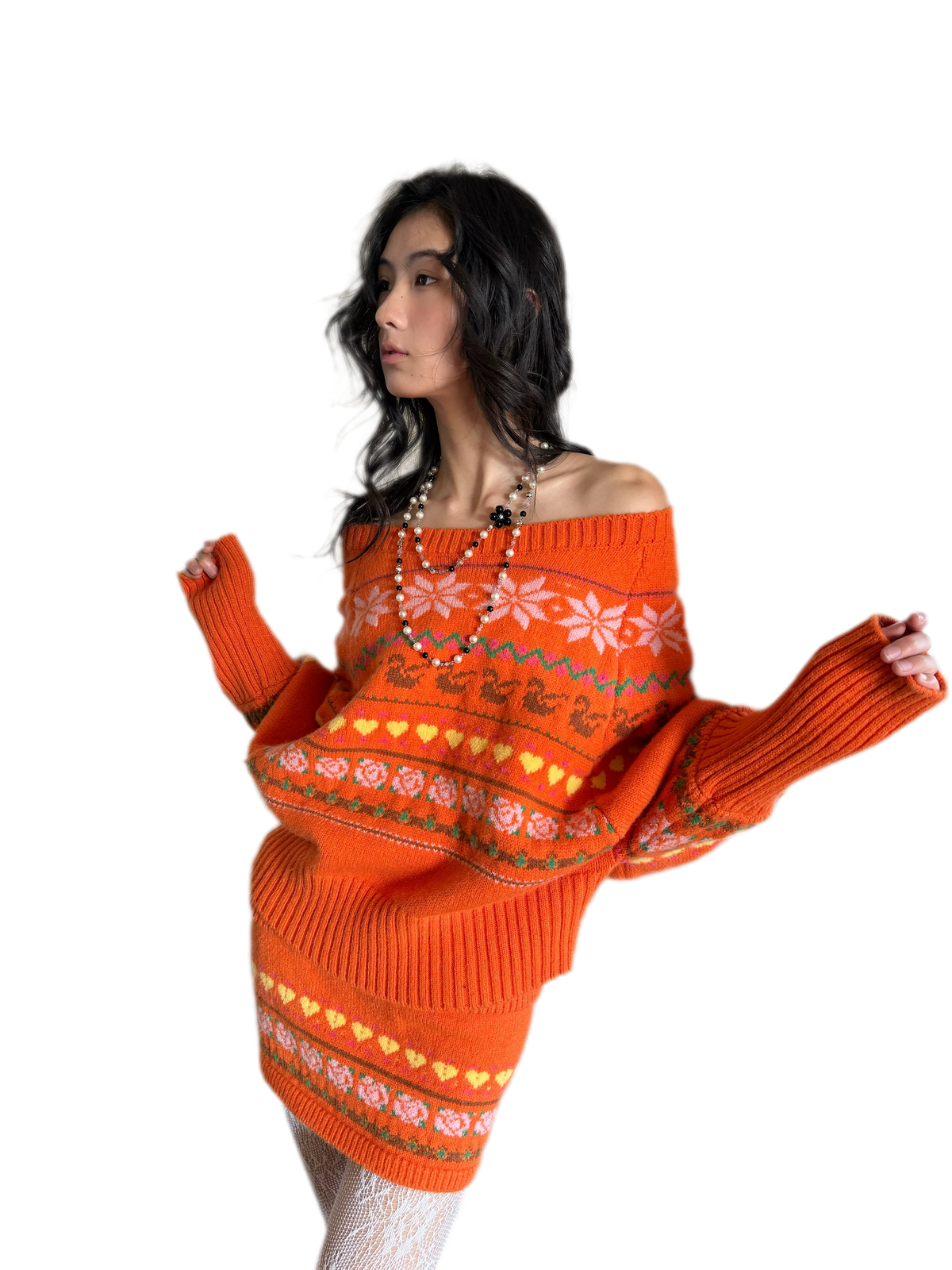 Fair Isle Celestial Jacquard One-Shoulder Knit Top & Skirt Set with Rose Scarf
